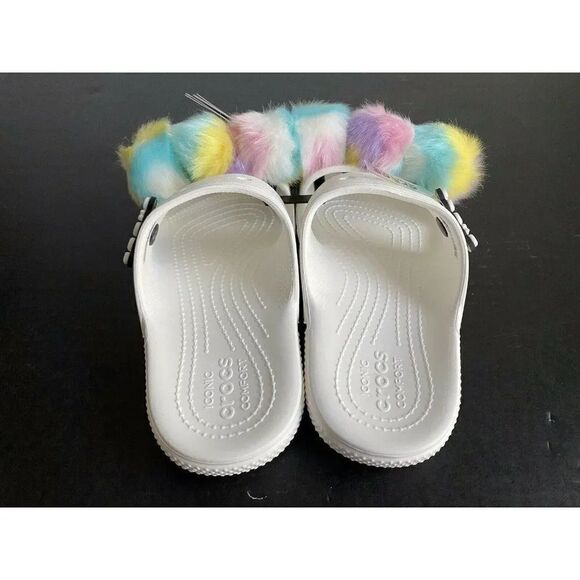 CROCS Classic Fur Sure Sandals Unisex Sz 7 Women’s White Rainbow NWT - Picture 6 of 8